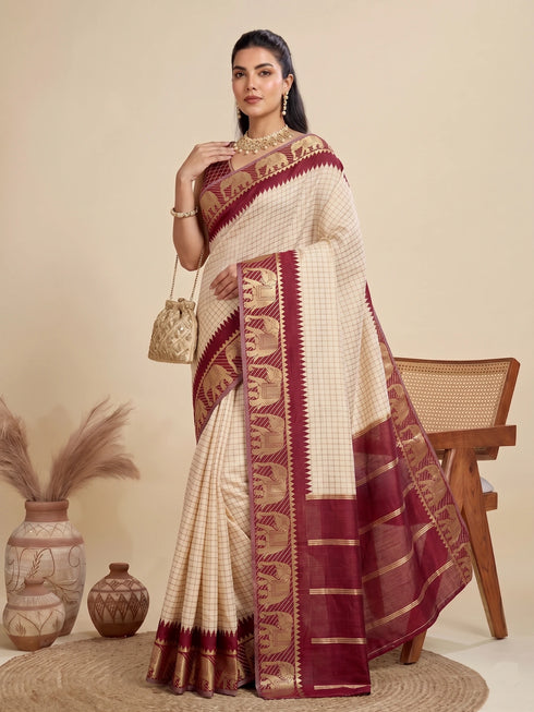 Cream Banarasi Soft Silk Elegant Party Wear Saree Collection With Blouse - Back View | Samyak Fashion