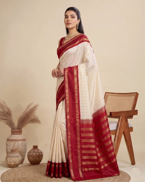 Cream Banarasi Soft Silk Elegant Party Wear Saree Collection With Blouse - Back View | Samyak Fashion