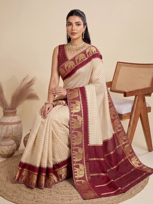 Cream Banarasi Soft Silk Elegant Party Wear Saree Collection With Blouse - Side View | Samyak Fashion