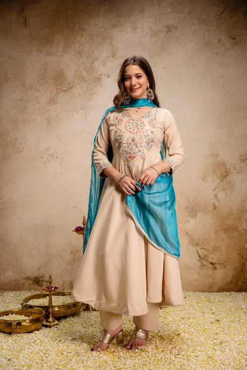 Cream Chanderi Salwar Suits - Front View | Samyak Fashion