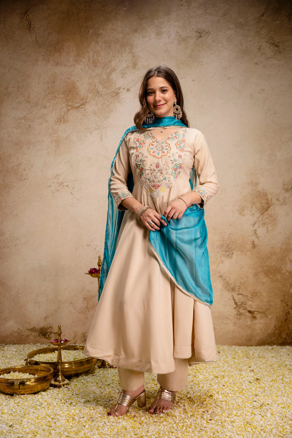 Cream Chanderi Salwar Suits - Front View | Samyak Fashion