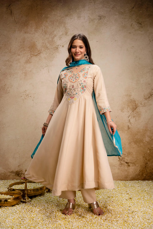 Cream Chanderi Salwar Suits - Detail View | Samyak Fashion