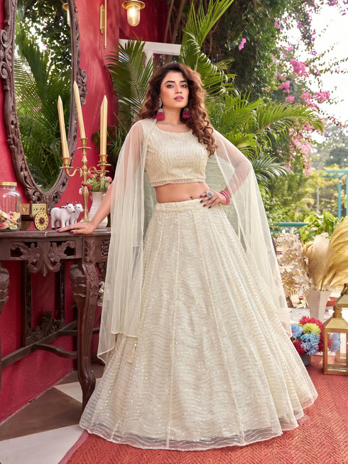 Cream Organza Silk Lehenga Choli Ethnic Sequins Work With Cancan & Canvas Patta - Back View | Samyak Fashion