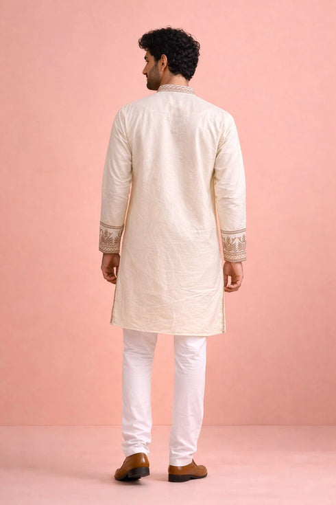Cream Rolex Silk Mens Kurta With Payjama - Back View | Samyak Fashion