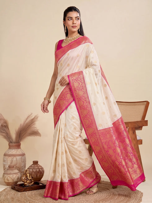 Cream Soft Lichi Silk Elegant Party Wear Saree Collection With Blouse - Back View | Samyak Fashion