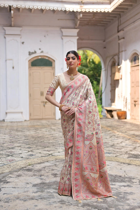 Cream Soft Pashmina Silk Designer Function Wear Saree Collection With Blouse - Front View | Samyak Fashion