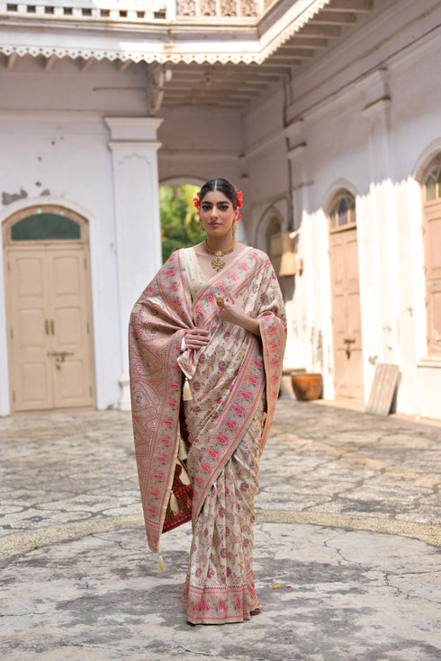 Cream Soft Pashmina Silk Designer Function Wear Saree Collection With Blouse - Back View | Samyak Fashion
