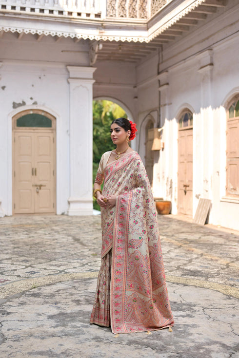 Cream Soft Pashmina Silk Designer Function Wear Saree Collection With Blouse - Side View | Samyak Fashion