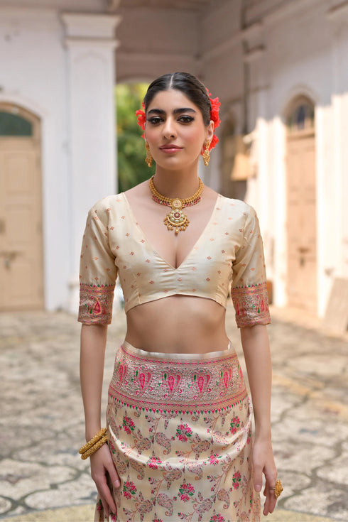 Cream Soft Pashmina Silk Designer Function Wear Saree Collection With Blouse - Close-up View | Samyak Fashion