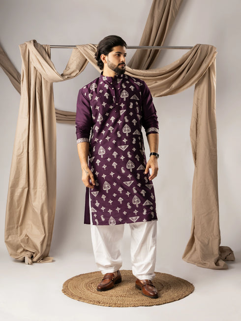 Dark Purple Silk Mens Kurta With Payjama - Front View | Samyak Fashion