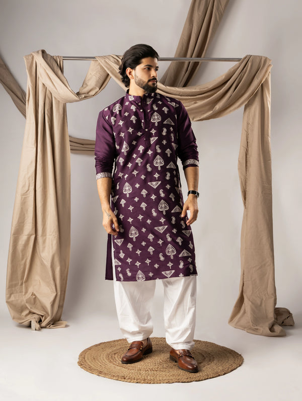 Dark Purple Silk Mens Kurta With Payjama - Front View | Samyak Fashion