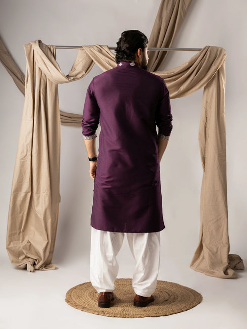 Dark Purple Silk Mens Kurta With Payjama - Back View | Samyak Fashion