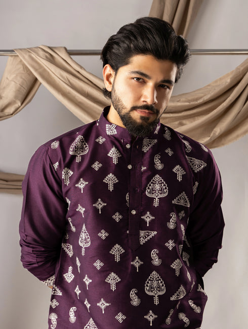 Dark Purple Silk Mens Kurta With Payjama - Side View | Samyak Fashion