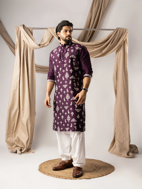 Dark Purple Silk Mens Kurta With Payjama - Detail View | Samyak Fashion