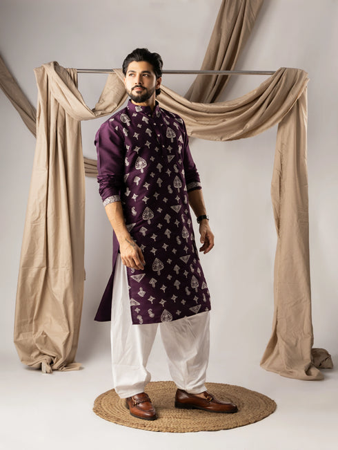 Dark Purple Silk Mens Kurta With Payjama - Close-up View | Samyak Fashion