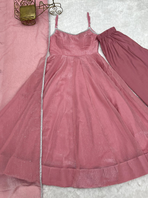 Dusty Pink Crunchy Silk Salwar Suit - Front View | Samyak Fashion