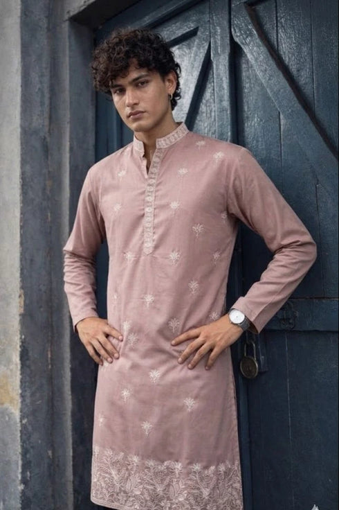Dusty Pink Silk Mens For A Festive And Kurta With Payjama - Front View | Samyak Fashion