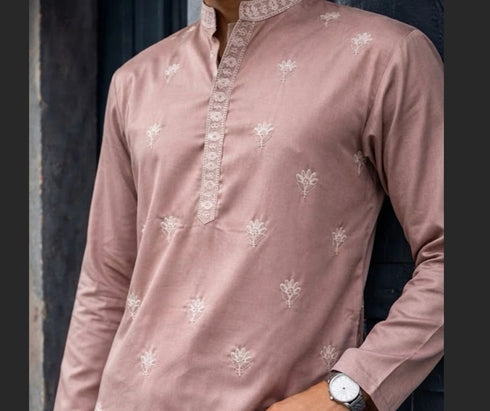 Dusty Pink Silk Mens For A Festive And Kurta With Payjama - Side View | Samyak Fashion
