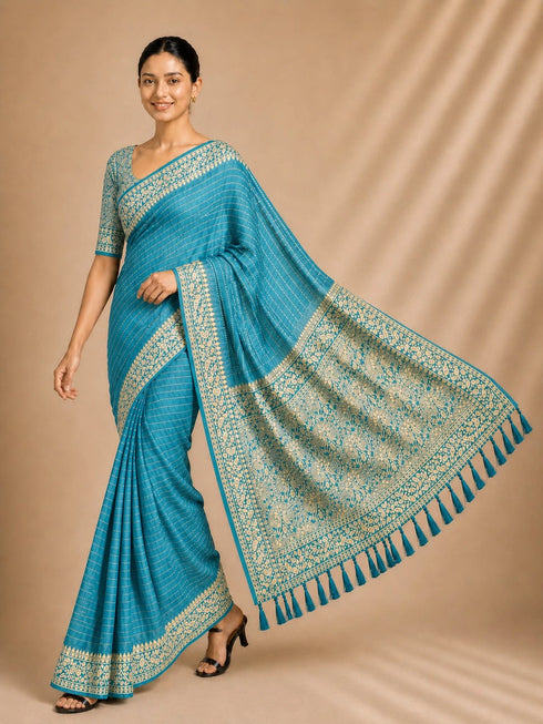 Firozi Chiffon Saree With Blouse - Front View | Samyak Fashion