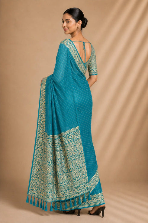 Firozi Chiffon Saree With Blouse - Back View | Samyak Fashion