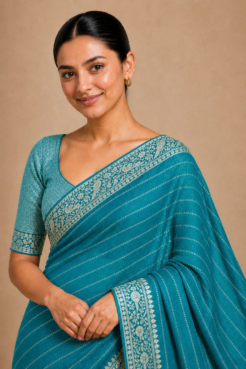 Firozi Chiffon Saree With Blouse - Side View | Samyak Fashion