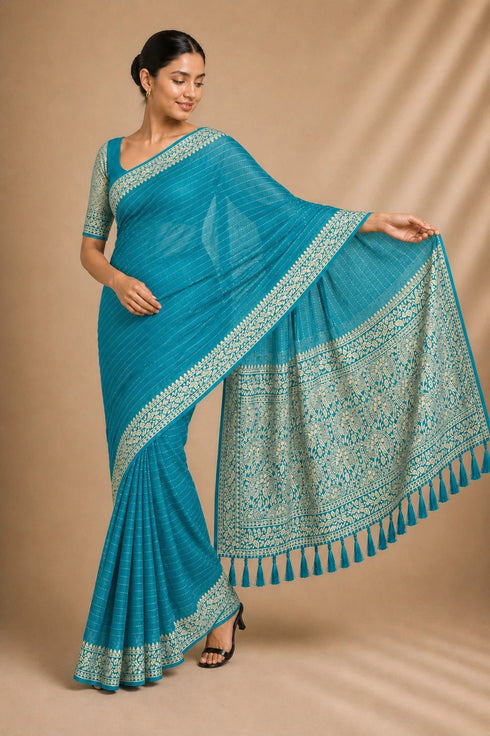 Firozi Chiffon Saree With Blouse - Close-up View | Samyak Fashion