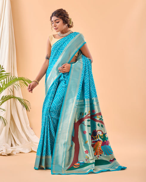 Firozi Pure Silk Party Wear Saree With Blouse - Back View | Samyak Fashion