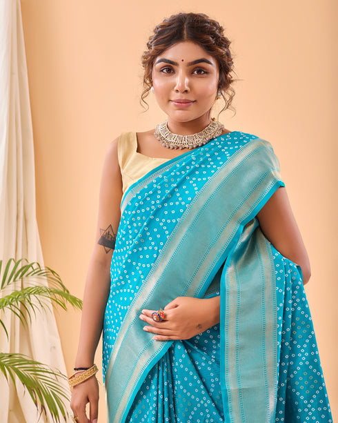 Firozi Pure Silk Party Wear Saree With Blouse - Side View | Samyak Fashion