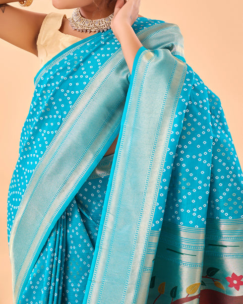 Firozi Pure Silk Party Wear Saree With Blouse - Close-up View | Samyak Fashion