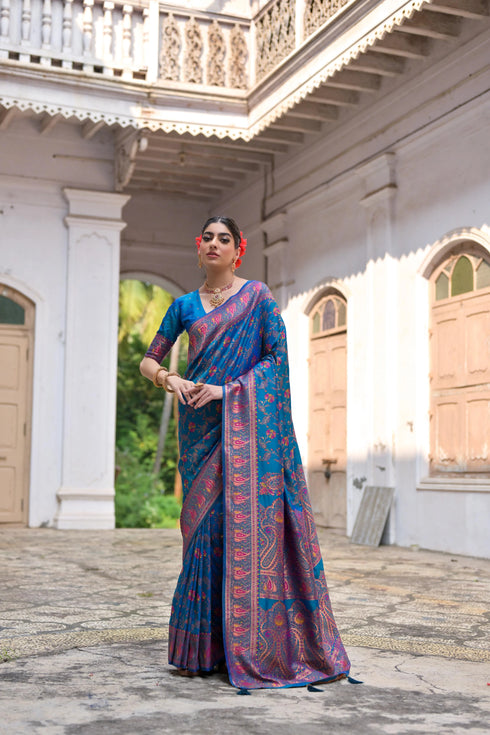 Firozi Soft Pashmina Silk Designer Function Wear Saree Collection With Blouse - Front View | Samyak Fashion