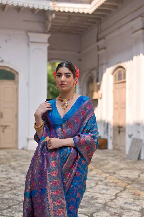 Firozi Soft Pashmina Silk Designer Function Wear Saree Collection With Blouse - Detail View | Samyak Fashion