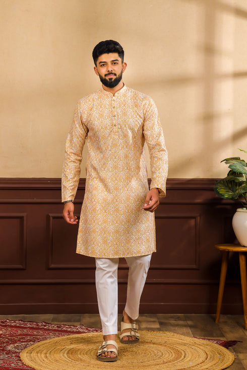 Gold Cotton Mens Kurta With Payjama - Front View | Samyak Fashion