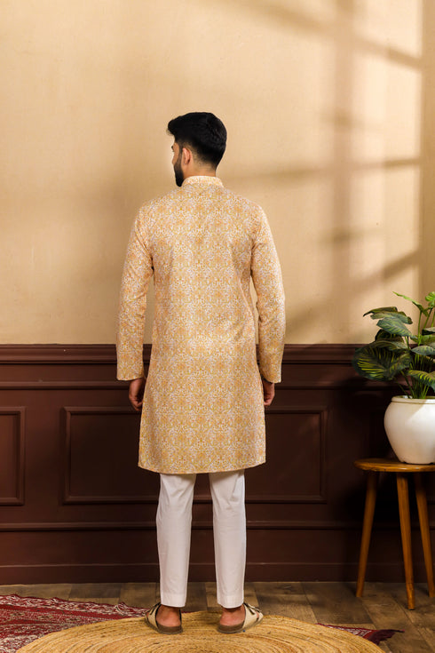 Gold Cotton Mens Kurta With Payjama - Back View | Samyak Fashion