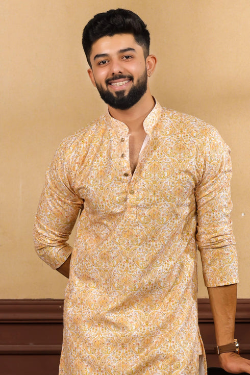 Gold Cotton Mens Kurta With Payjama - Side View | Samyak Fashion