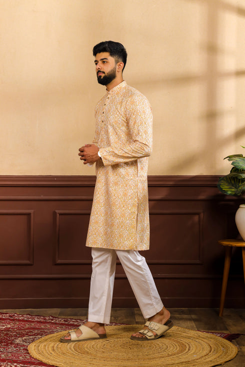 Gold Cotton Mens Kurta With Payjama - Detail View | Samyak Fashion