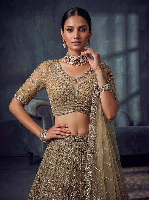 Gold Net Lehenga Choli - Side View | Samyak Fashion