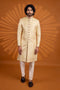 Gold Pure Banarasi Jacqurd Fabric Mens Premium Men's Sherwani - Front View | Samyak Fashion