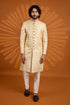 Gold Pure Banarasi Jacqurd Fabric Mens Premium Men's Sherwani - Front View | Samyak Fashion