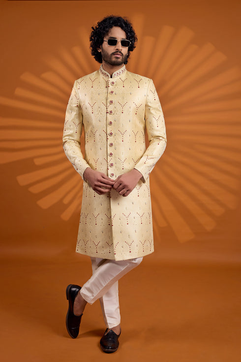Gold Pure Banarasi Jacqurd Fabric Mens Premium Men's Sherwani - Back View | Samyak Fashion