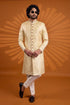 Gold Pure Banarasi Jacqurd Fabric Mens Premium Men's Sherwani - Back View | Samyak Fashion
