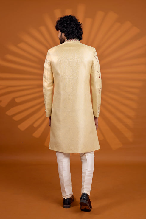 Gold Pure Banarasi Jacqurd Fabric Mens Premium Men's Sherwani - Side View | Samyak Fashion