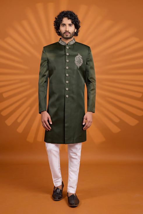 Green Art Silk Mens Premium Men's Sherwani - Front View | Samyak Fashion