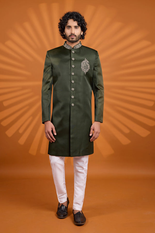 Green Art Silk Mens Premium Men's Sherwani - Front View | Samyak Fashion