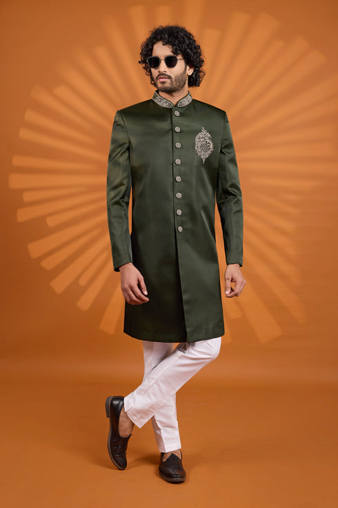 Green Art Silk Mens Premium Men's Sherwani - Back View | Samyak Fashion
