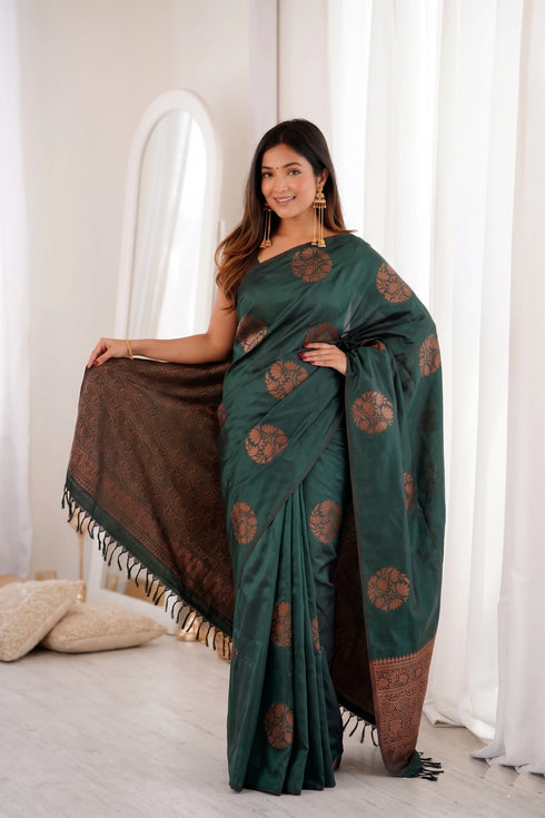 Green Banarasi Soft Silk Party Wear Saree With Blouse - Back View | Samyak Fashion