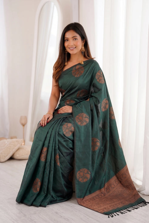 Green Banarasi Soft Silk Party Wear Saree With Blouse - Side View | Samyak Fashion