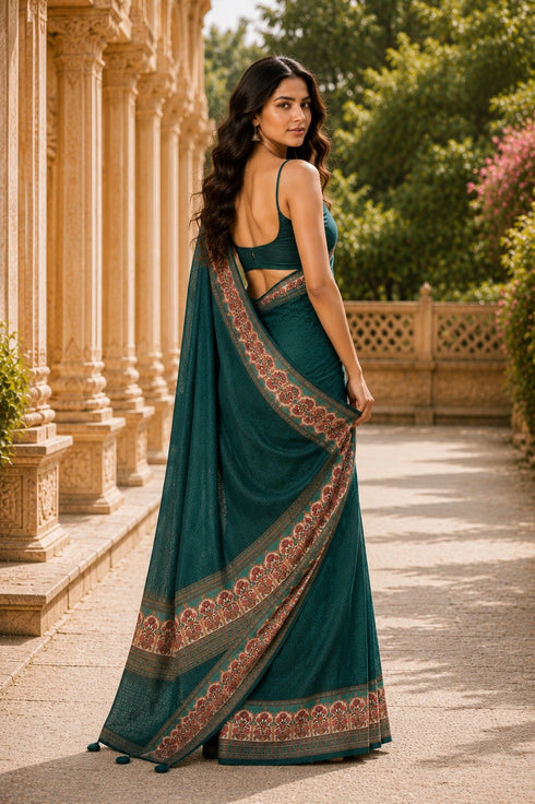 Green Chanderi Linen Saree With Blouse - Back View | Samyak Fashion