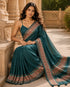 Green Chanderi Linen Saree With Blouse - Close-up View | Samyak Fashion