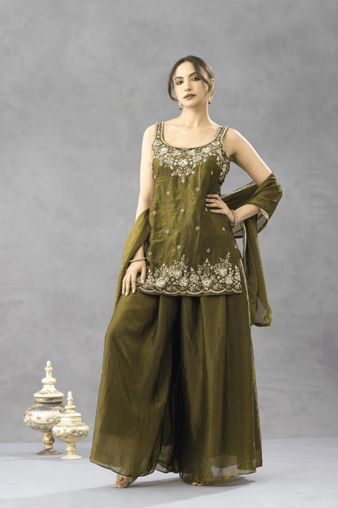Green Chartin Salwar Suits - Front View | Samyak Fashion