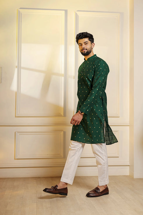 Green Cotton Mens Kurta With Payjama - Detail View | Samyak Fashion